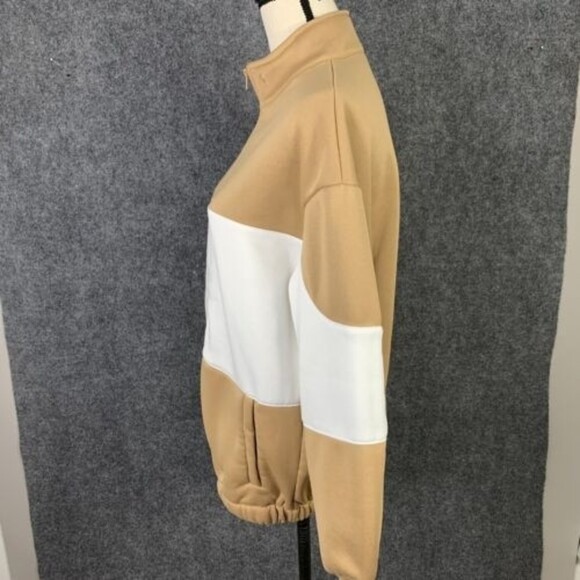 Shein Zip Front Sweatshirt Women XS Tan White Long Sleeve Pockets - Picture 5 of 11